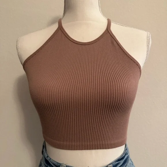 Brown Stretchy Ribbed Seamless High Neck Racerback Crop Top Size Small - Picture 2 of 6